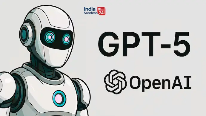 GPT-5 OpenAI का लोगो, एक रोबोट और “GPT-5 OpenAI” टेक्स्ट के साथ, जो आर्टिफिशियल इंटेलिजेंस के नए वर्जन को दिखाता है।